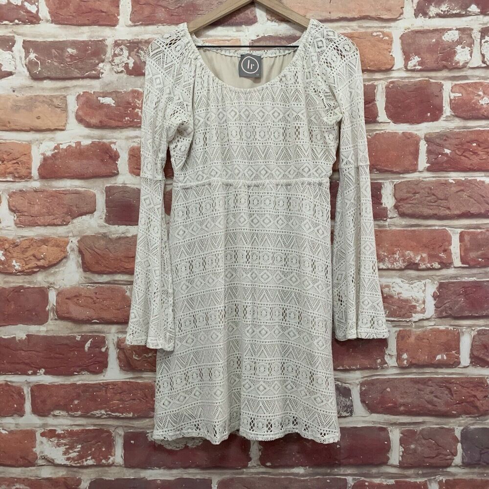 Lily Rain Dress Women's Large Cream Boho Chic Abstract Stretchy Bell Sleeve